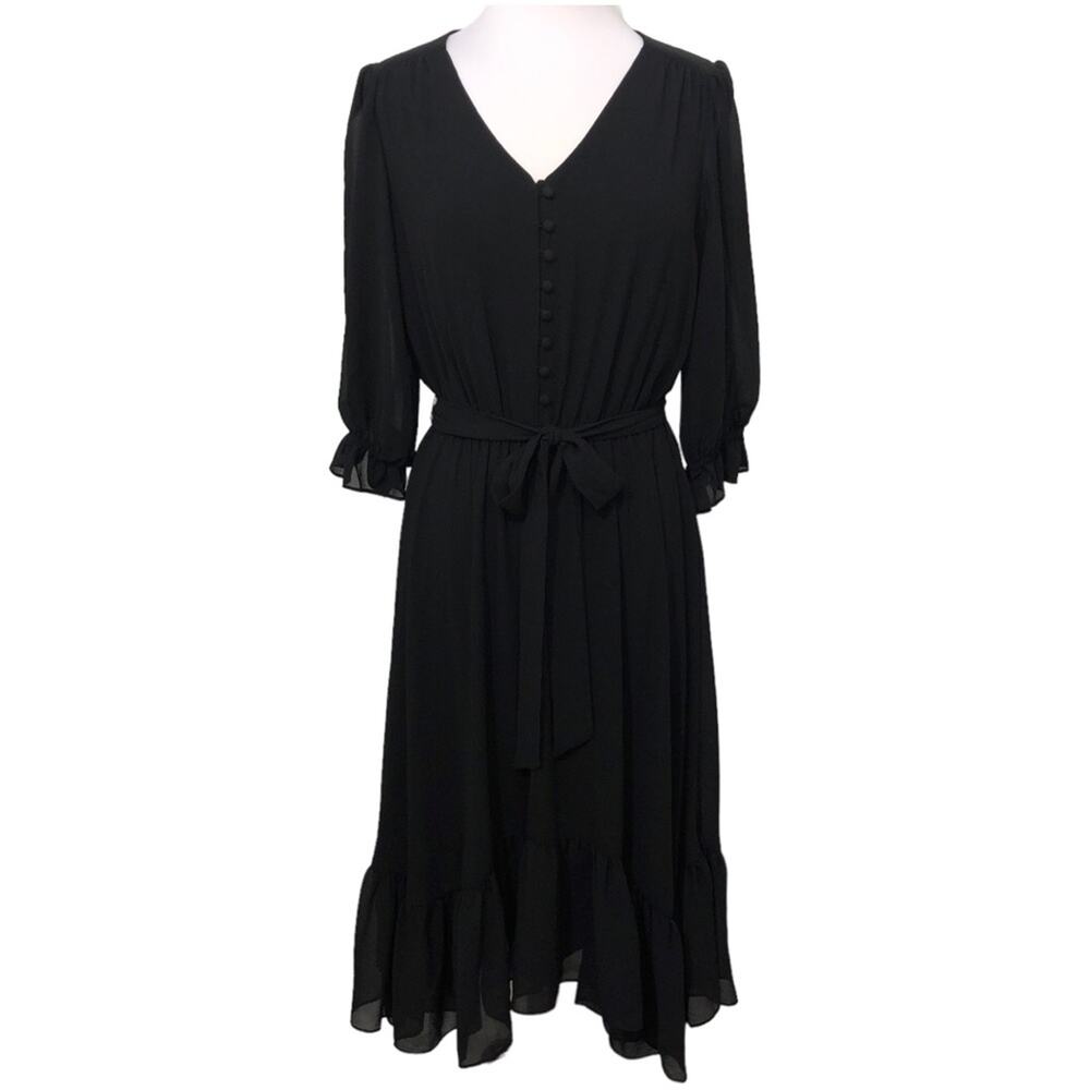 Gabby Skye Black Belted Ruffle Hem Dress 12 NWT